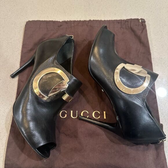 GUCCI Peeptoe Ankle Bootie with Gold Horsebit Zip Up Size 37 - Picture 9 of 13